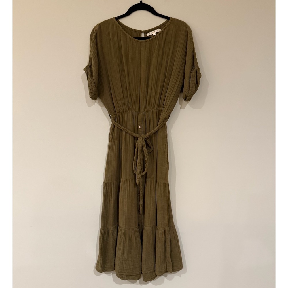 Xirena Olive Green Cotton Gauze Tiered Midi Dress with Tie Belt Womens S